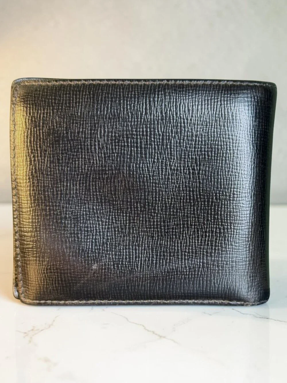 Burberry Mens Vintage Black Leather Bifold Wallet with Coin Pocket and COA